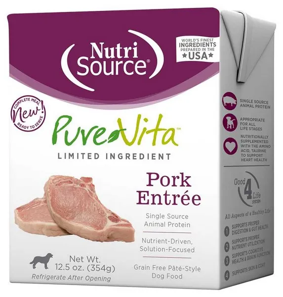 12/12.5 oz. Nutrisource Pure  Grain Free Pork Entree Dog Tetra Packs - Treat